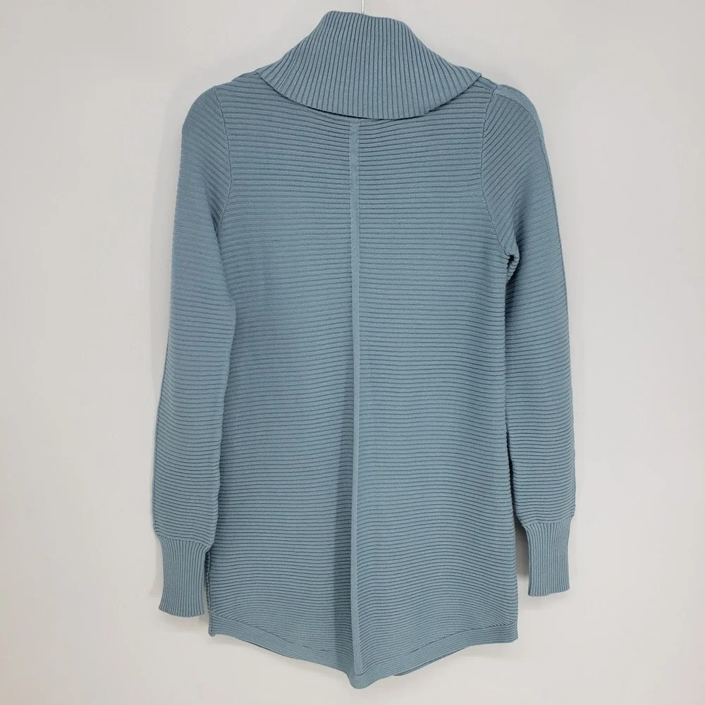 Evolution by Cyrus Ribbed Cowl Neck Tunic Sweater Womens Small Blue Pullover